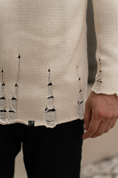 Close up of the off white Poseidon sweater, designed by Mara Sireno