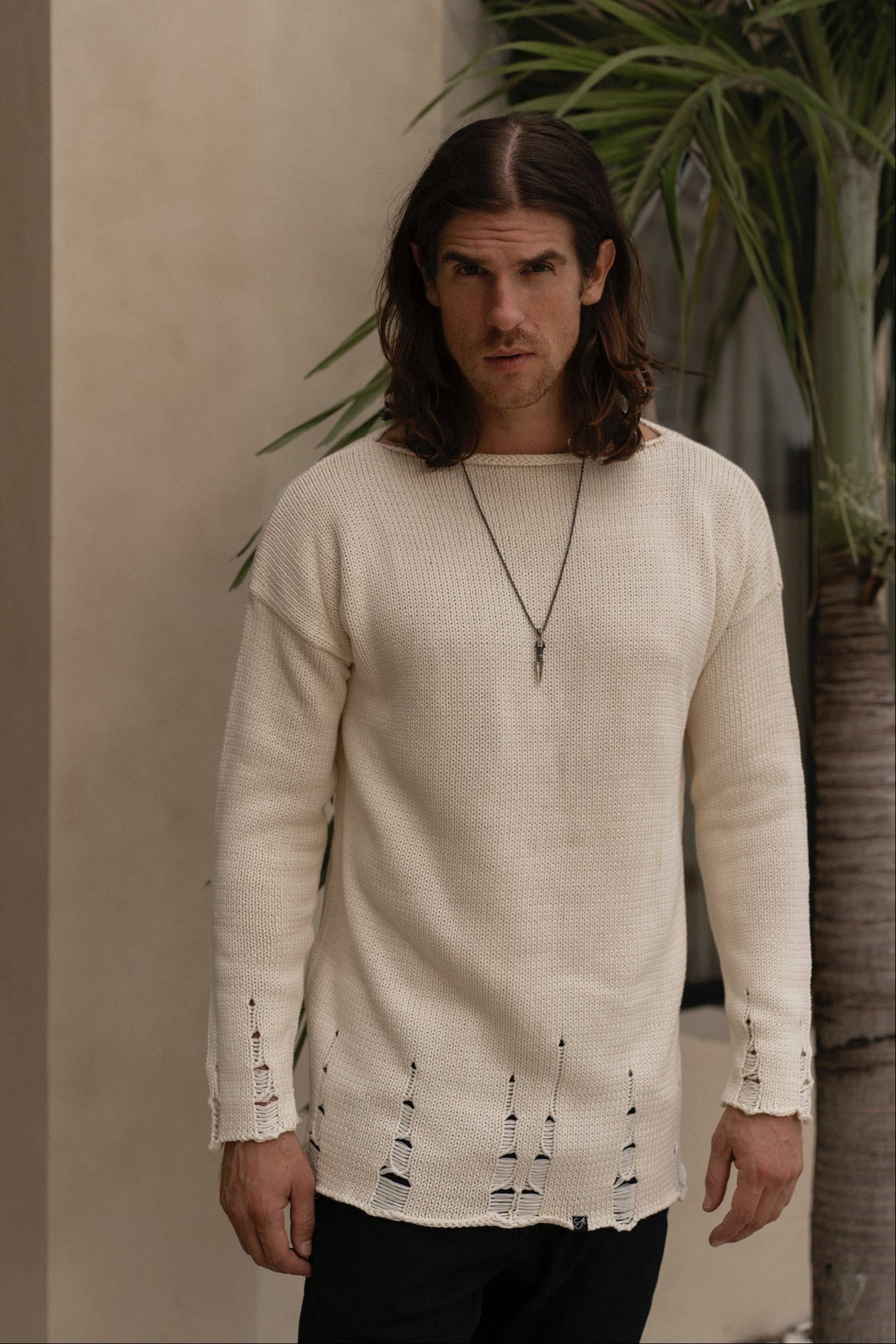 Mens off white sweater in full, handcrafted in Bali, Indonesia